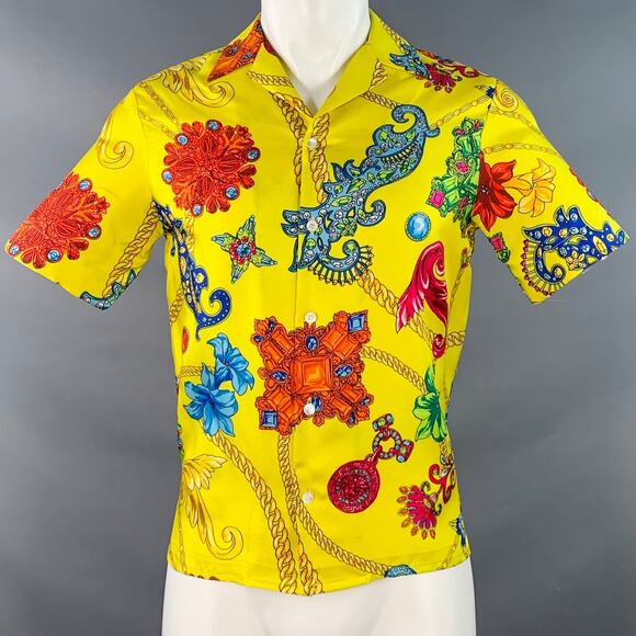 VERSACE Size M Yellow Multi Color Baroque Twill Short Sleeve Shirt - Picture 1 of 10